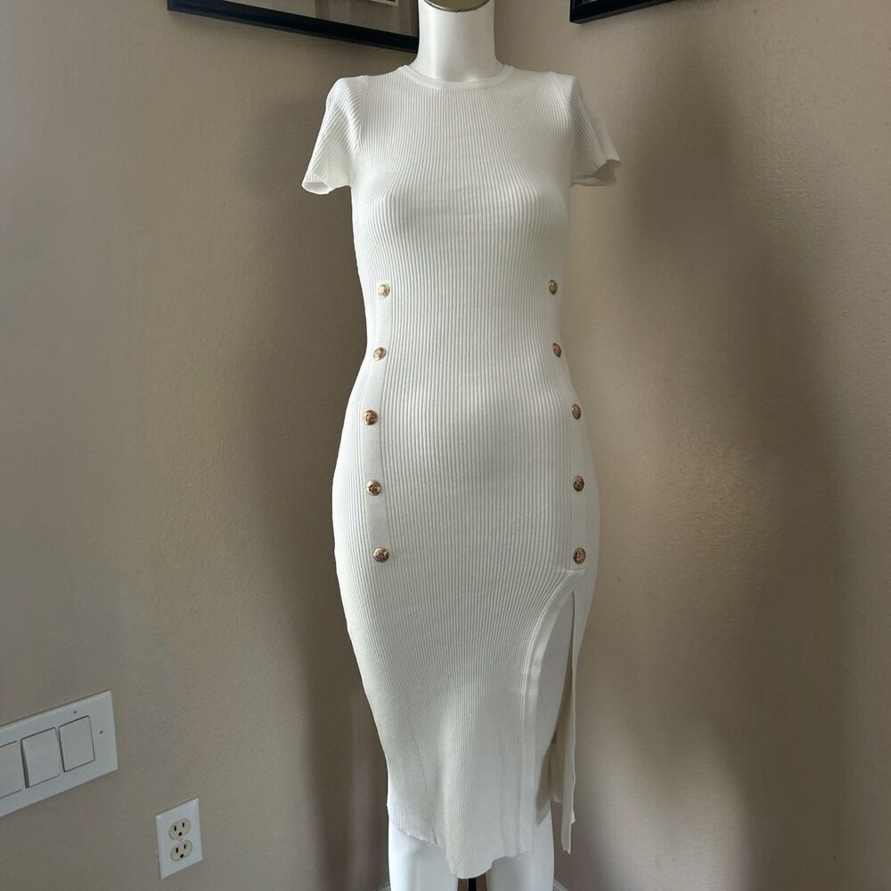 Most Loved Womens Cream Ribbed Knit Button Front Short Sleeve Dress